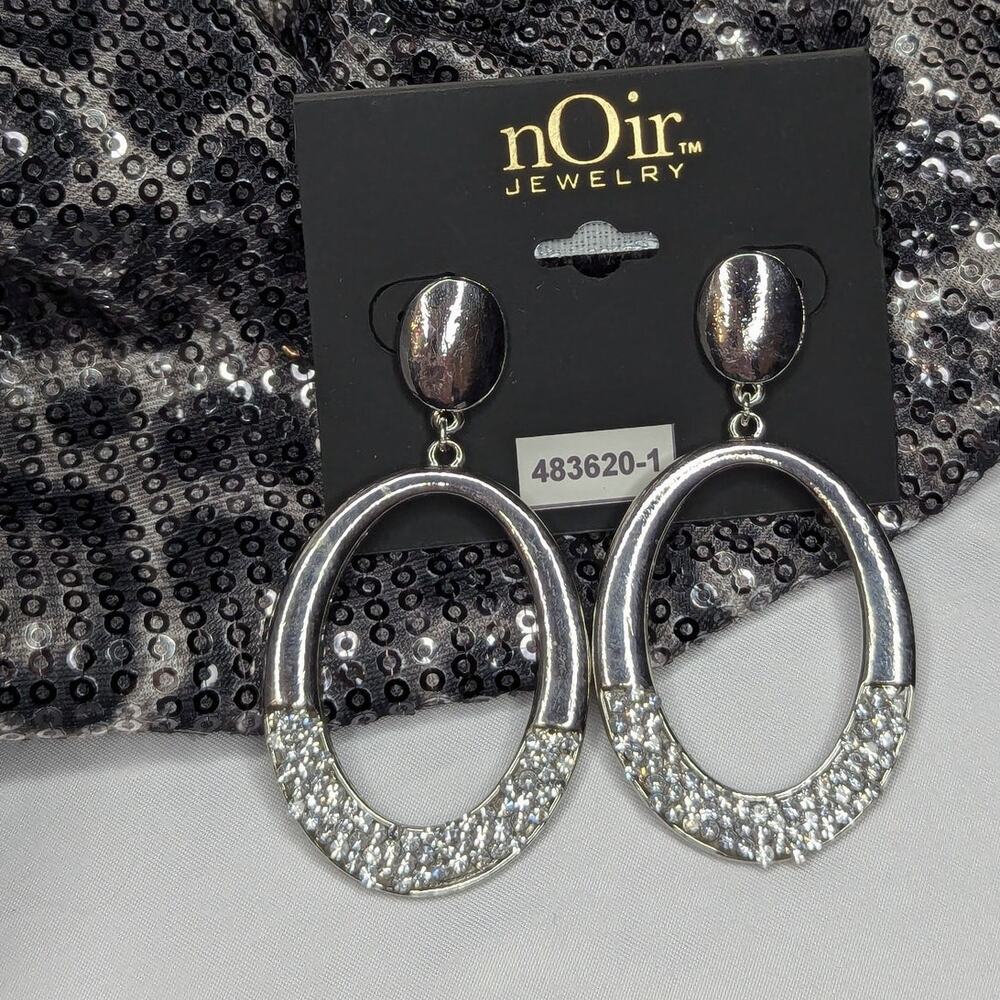 nOir Oval Mottled Silver Rhinestone Hoop Earrings - Picture 3 of 5